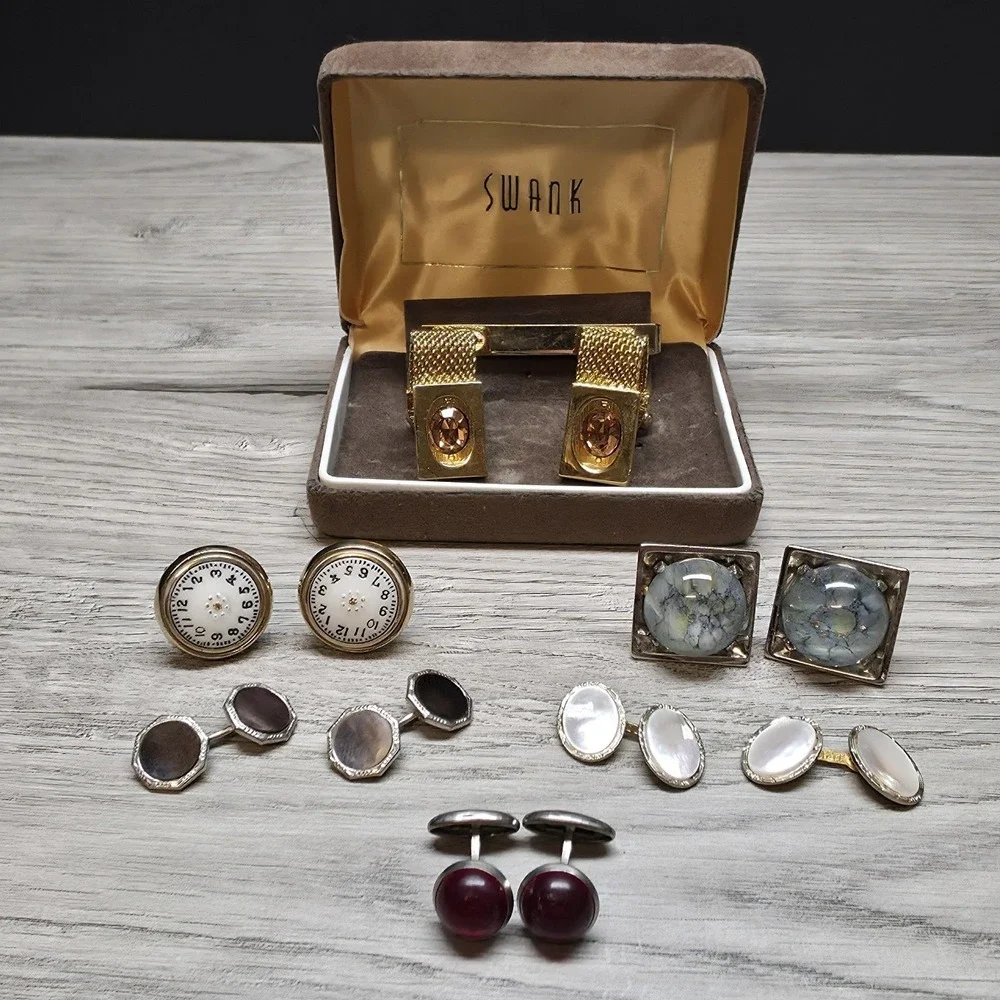 6 Vintage Mens Cufflinks Sets Lot Swank Mesh Watch Face Mother of Pearl Tie Clip